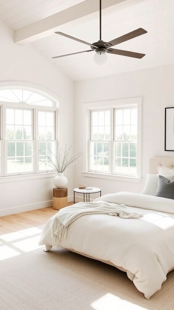 A serene modern farmhouse bedroom with neutral colors and natural light.