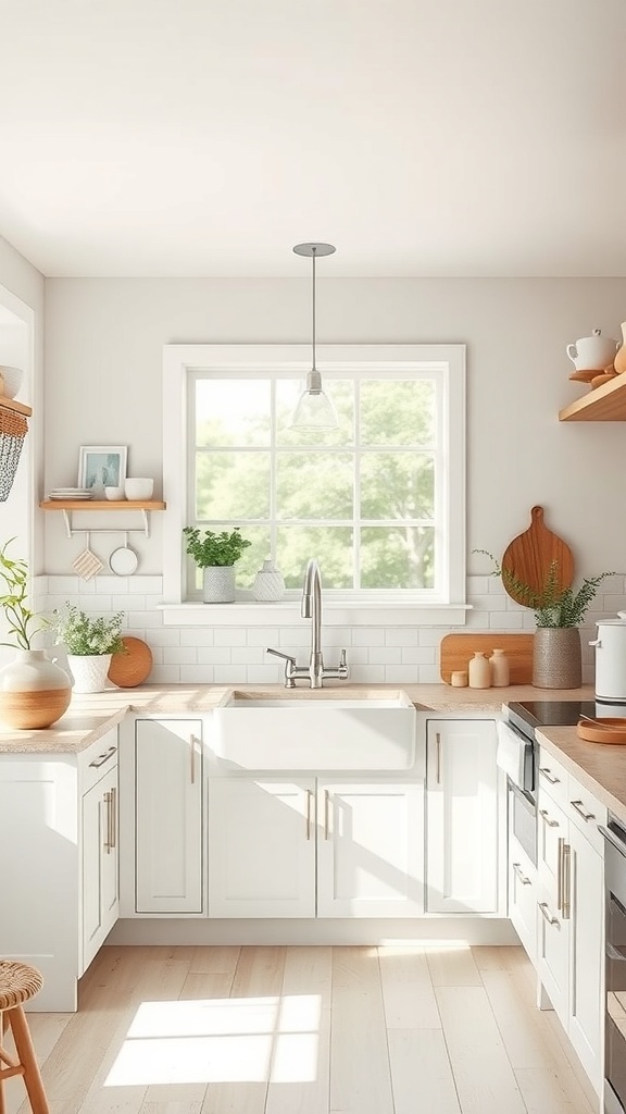 A bright and airy modern farmhouse kitchen featuring neutral colors and natural wood accents.
