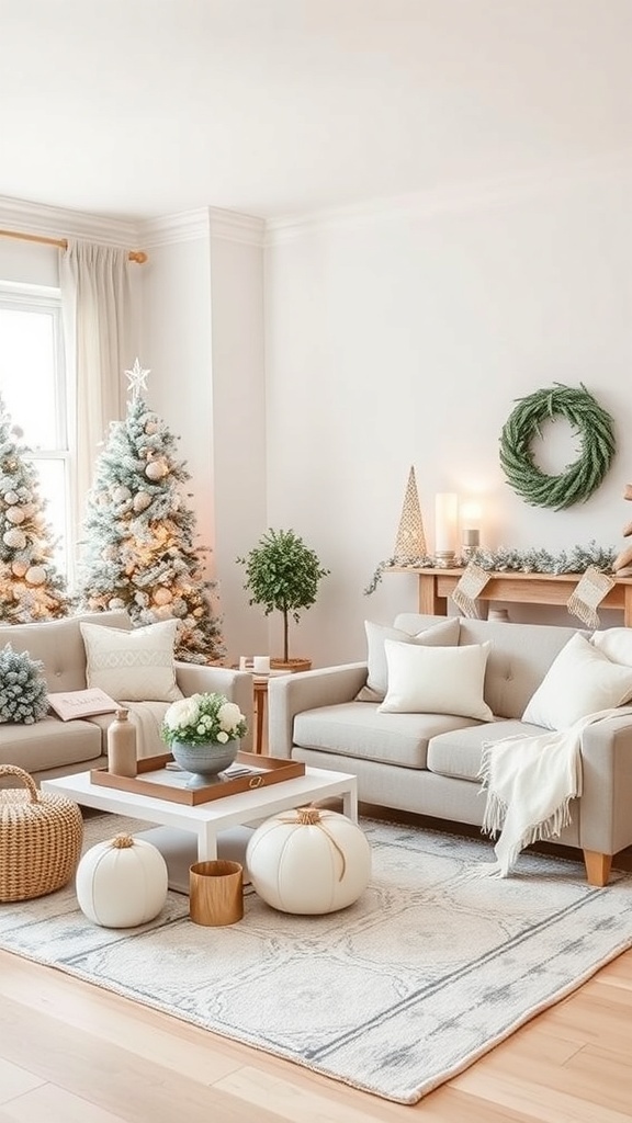 A cozy living room decorated for Christmas with neutral colors, featuring two Christmas trees, a light sofa, and simple decorations.