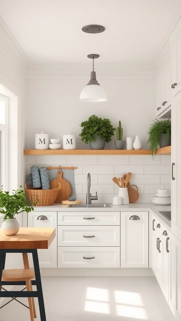 A modern farmhouse kitchen with white cabinetry, wooden shelves, and plants.