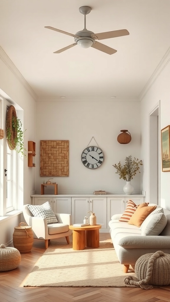 A cozy modern farmhouse interior with neutral colors, featuring a comfortable sofa, wooden coffee table, and decorative elements.