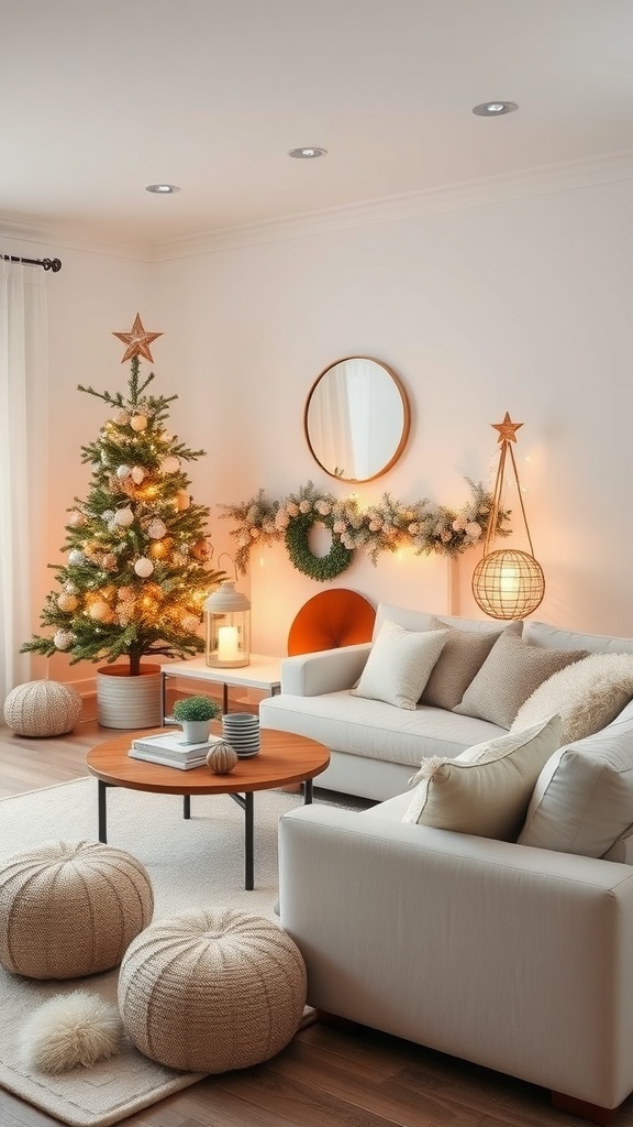 A cozy living room decorated for Christmas with a neutral color palette, featuring a small tree and soft furnishings.