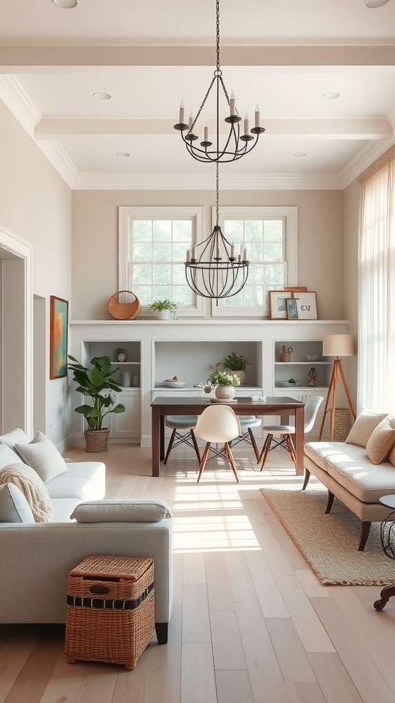 A cozy living room featuring neutral colors, natural light, and modern farmhouse decor.