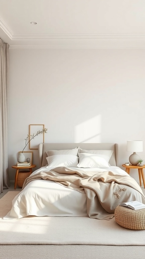 A serene bedroom with neutral colors, featuring a soft bed, light curtains, and natural decor.