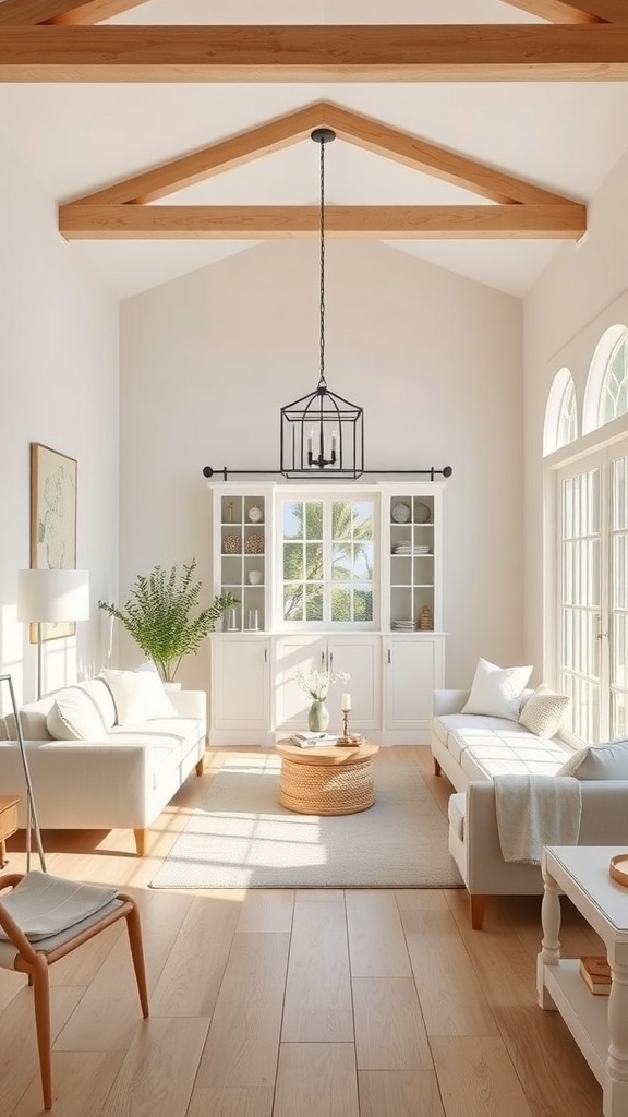 A bright living room with neutral colors and wooden beams.