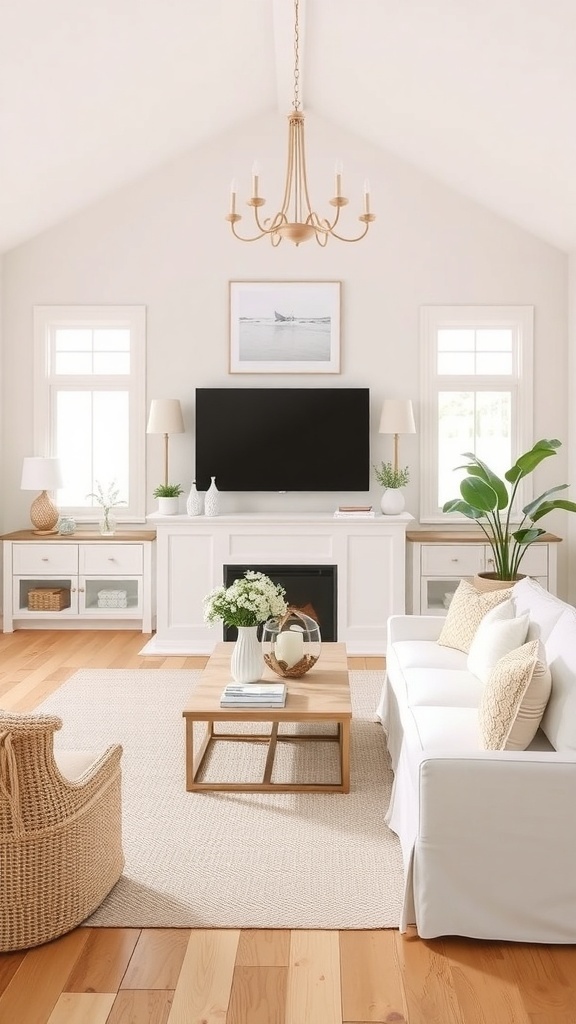 A cozy living room featuring neutral colors, wooden floors, and coastal decor.