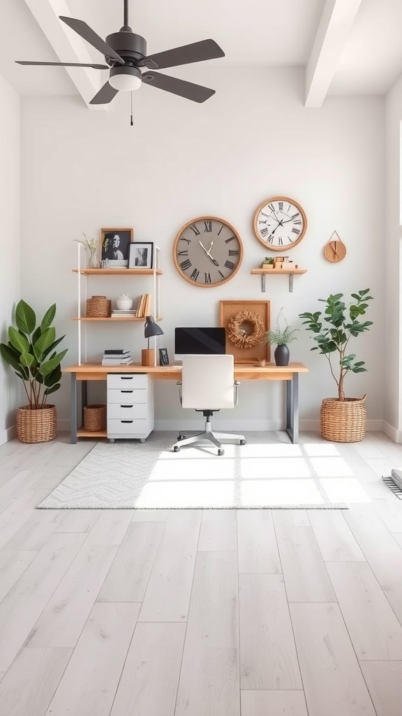A modern farmhouse office featuring neutral colors, plants, and a stylish desk.