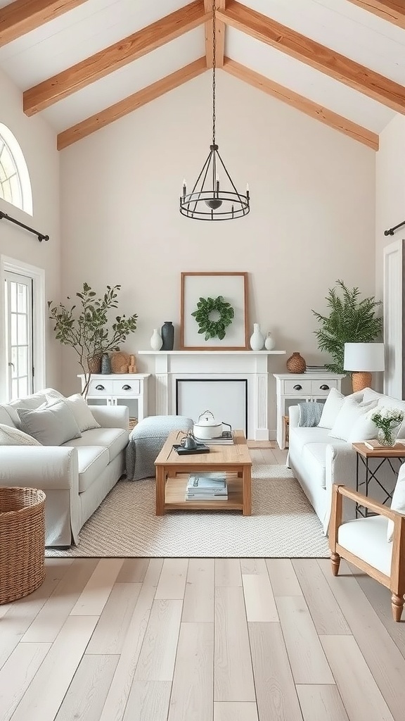 A cozy living room featuring neutral colors and rustic farmhouse decor.