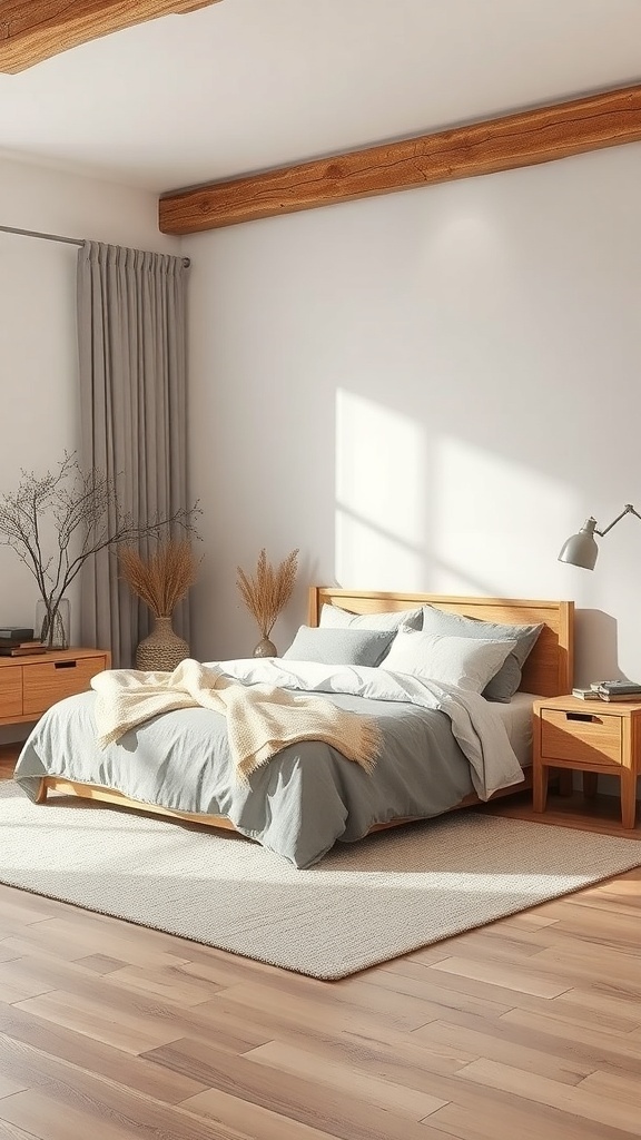 A cozy bedroom featuring a neutral color palette with wooden furniture and soft textiles.