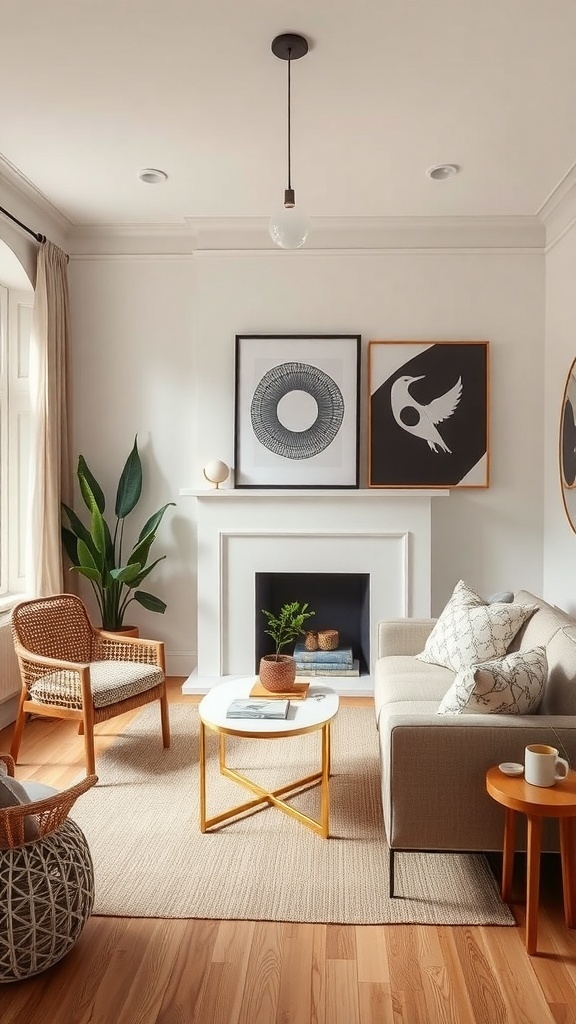 A cozy living room featuring neutral colors, natural materials, and modern decor.
