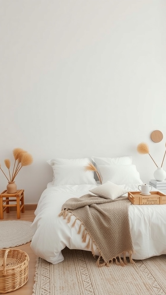 A modern rustic bedroom featuring a neutral color palette with a cozy bed, soft blankets, and natural decor.