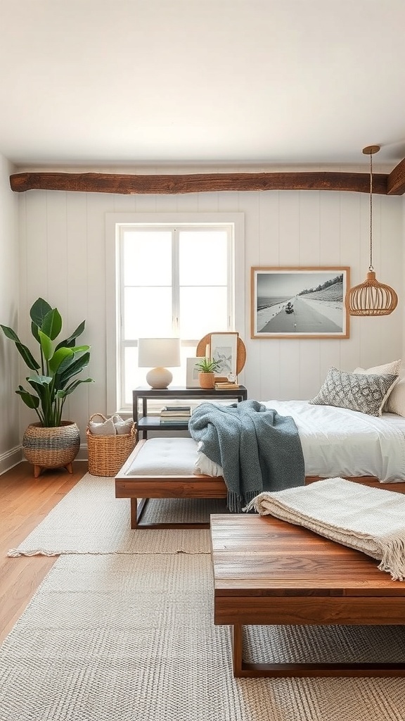 A cozy bedroom featuring neutral colors, wooden furniture, and plants.