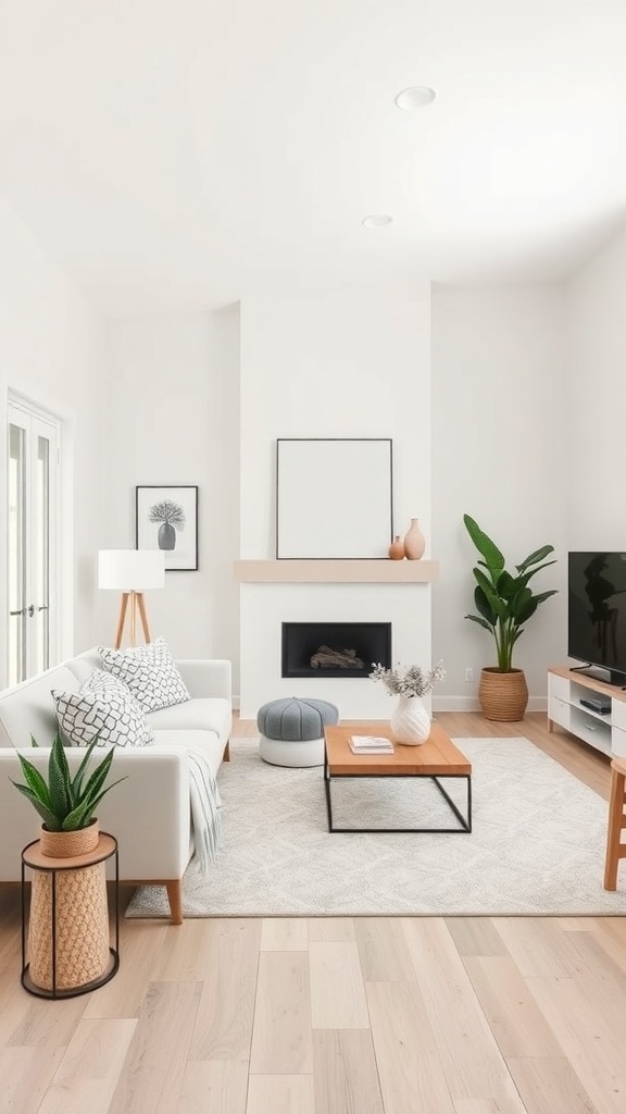 Modern farmhouse living room with neutral colors and natural elements.