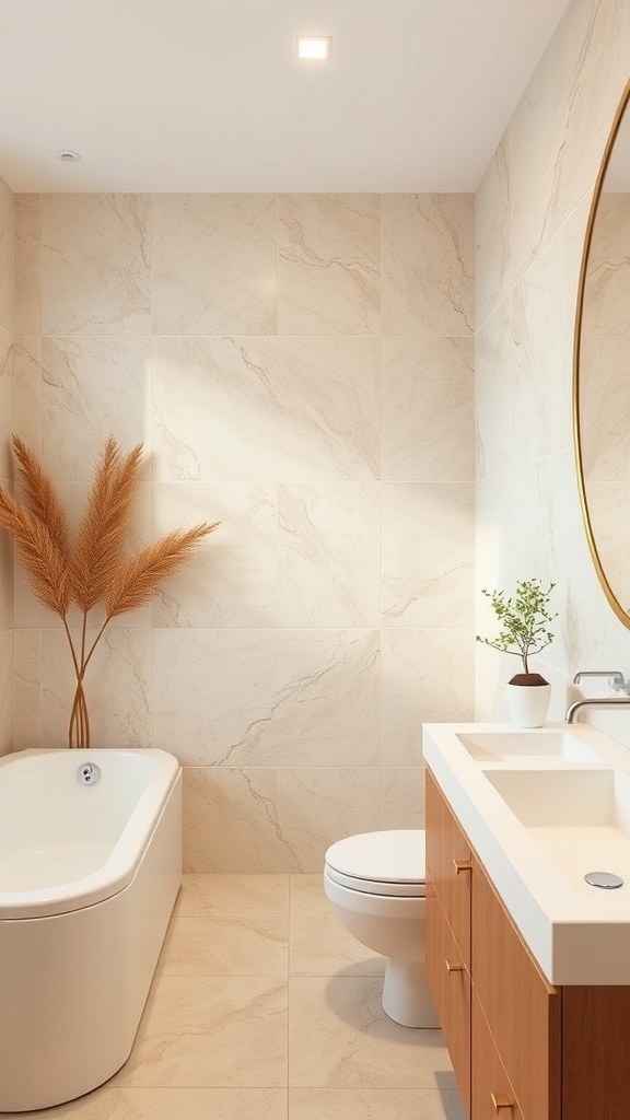 A minimalist bathroom featuring neutral colors, a bathtub, and a wooden vanity.