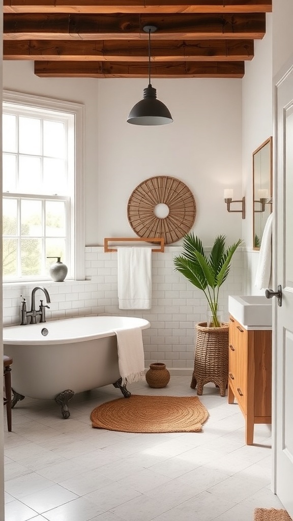 A modern farmhouse bathroom featuring a neutral color palette with bold accents.