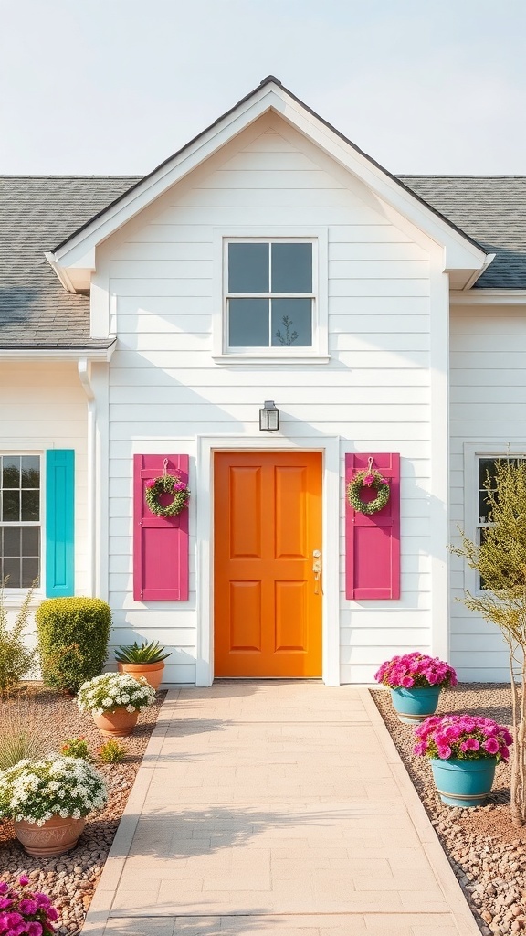 A modern farmhouse with a bright orange door and colorful shutters, surrounded by flowers.
