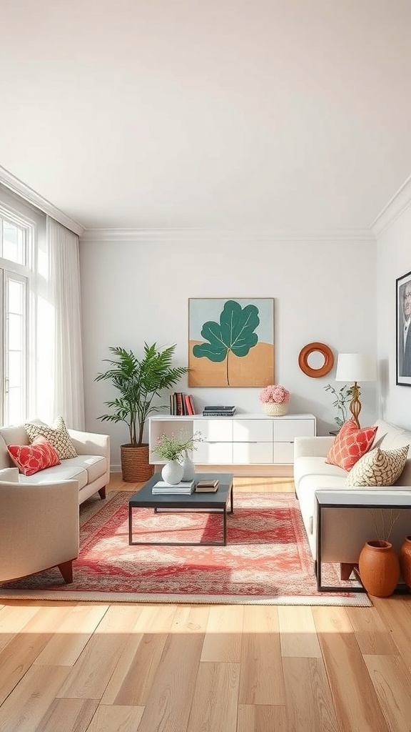 A cozy boho farmhouse living room featuring neutral tones with colorful accents.