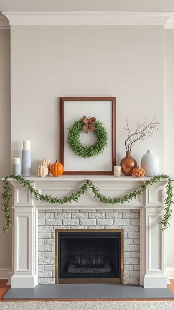 A beautifully decorated mantle with a neutral color scheme featuring a wreath, pumpkins, and elegant vases.