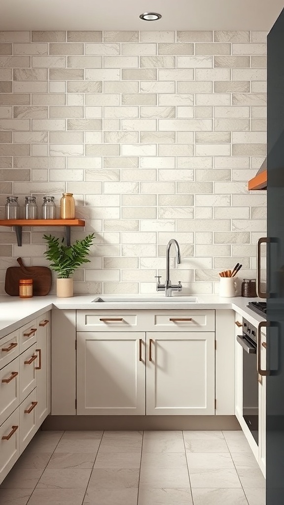 A modern kitchen featuring light beige and cream tiles, white cabinetry, and natural decor elements.