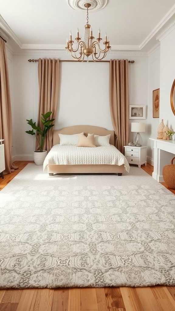 A stylish bedroom featuring a neutral rug, elegant chandelier, and soft bedding.