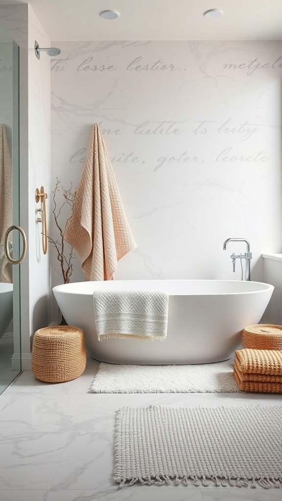 A neutral bathroom featuring textured fabrics like towels, rugs, and baskets.