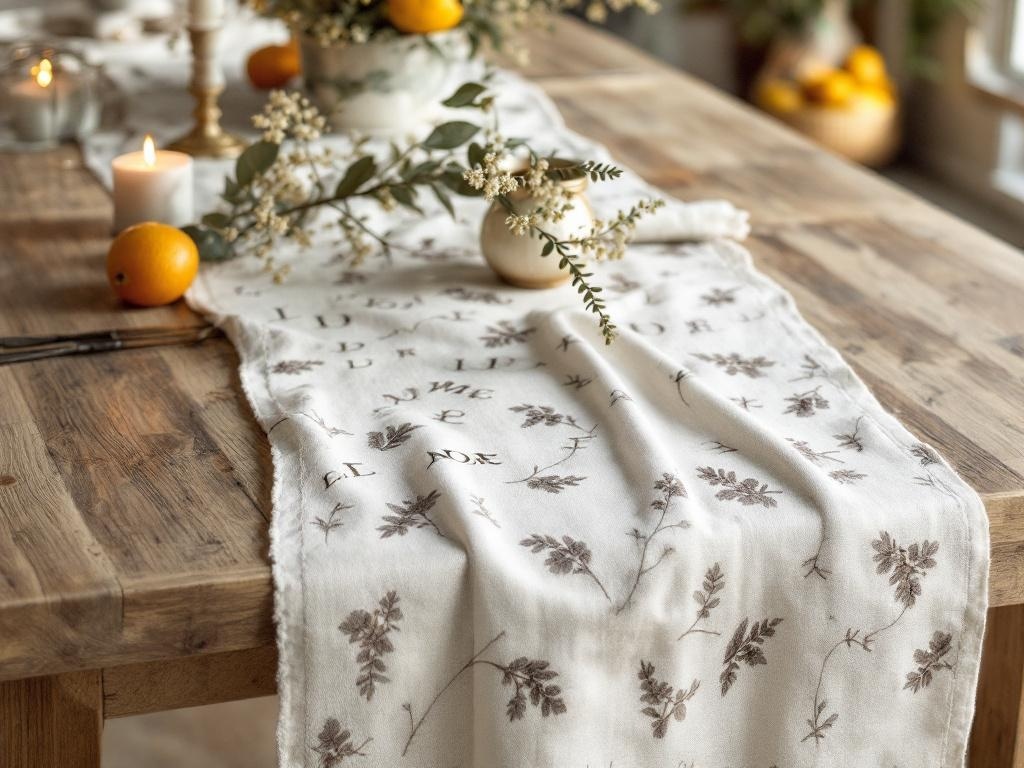 A neutral themed table runner with floral patterns on a wooden table, decorated with candles and oranges.