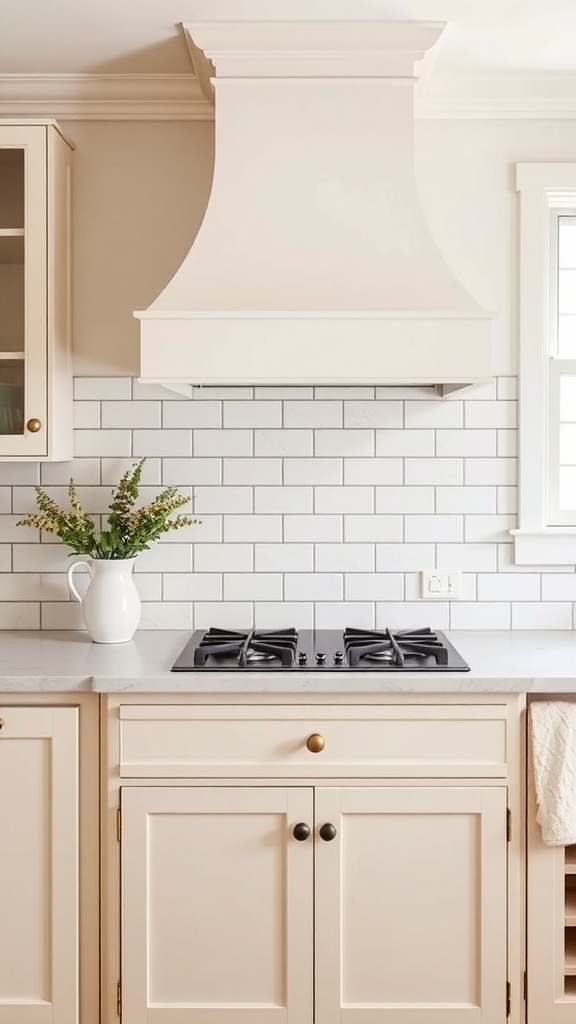A farmhouse kitchen with neutral tones, featuring a backsplash of white subway tiles and soft cabinetry.