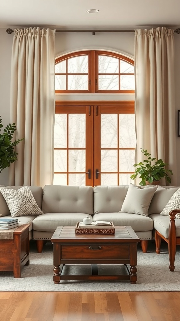 Living room with neutral farmhouse curtains and wooden furniture.