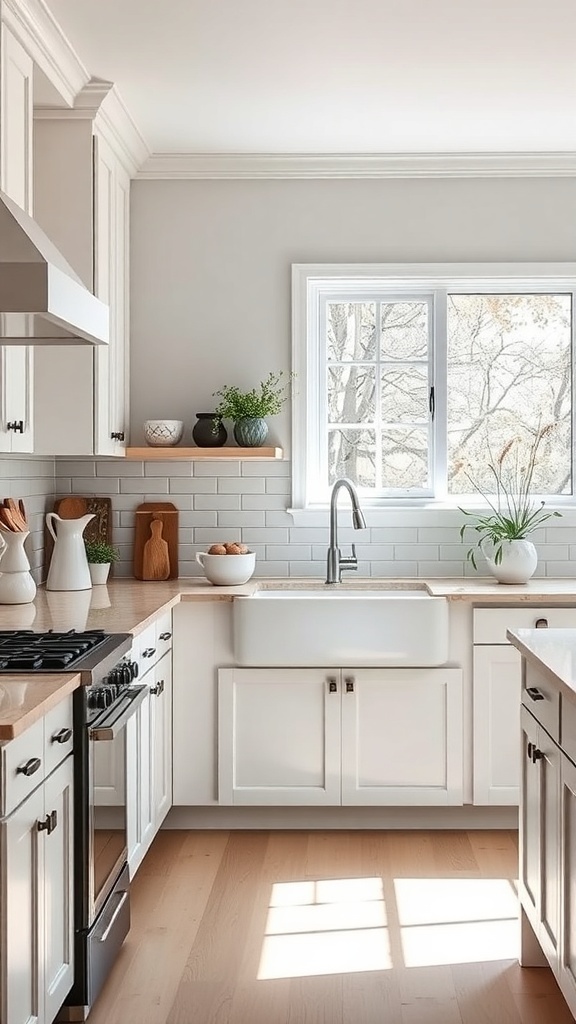A modern farmhouse kitchen featuring a neutral color palette with a stylish backsplash.