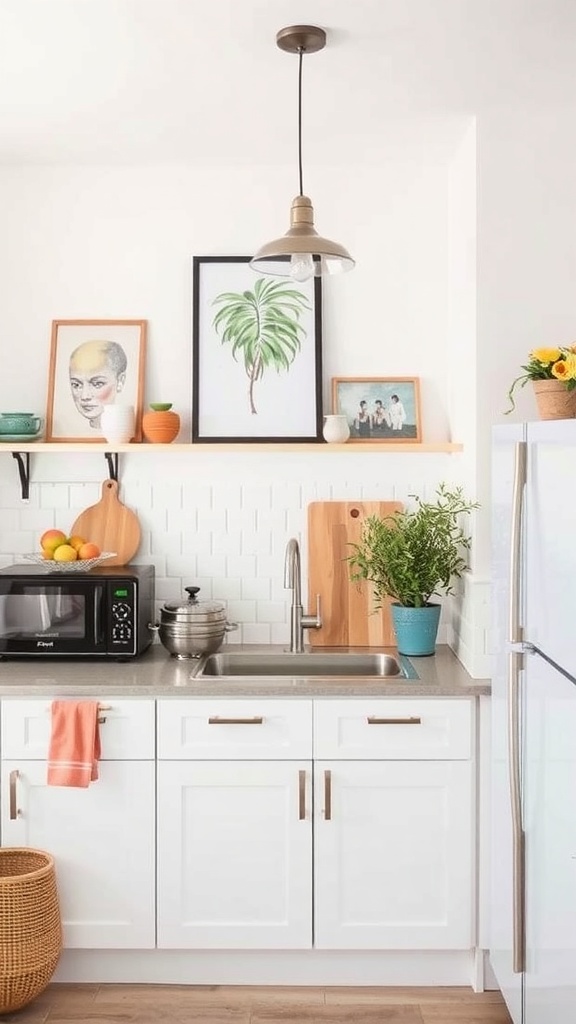 A modern kitchen with white cabinets, a light wood floor, colorful pots, and framed artwork.