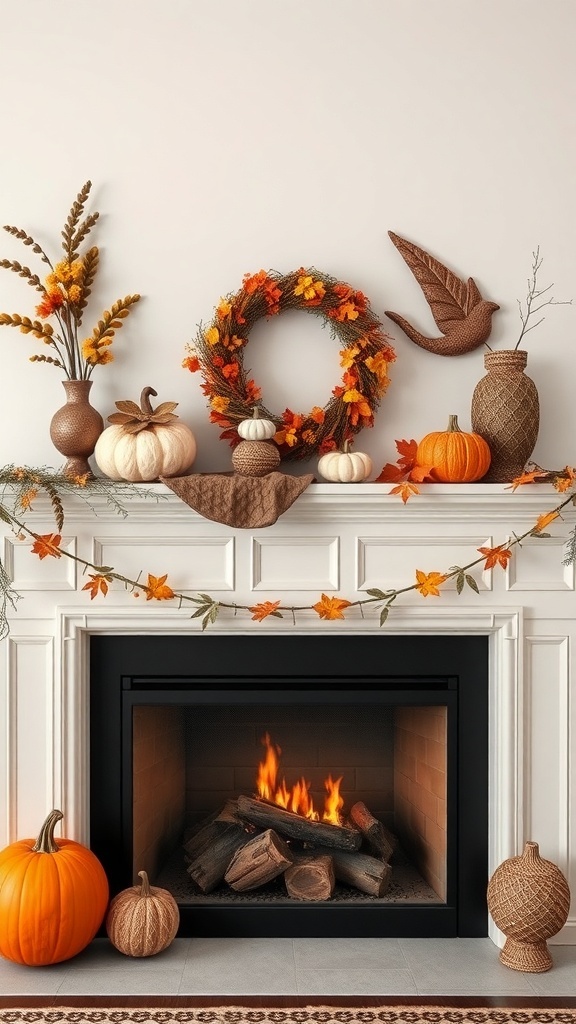 A fall-themed fireplace mantel decorated with neutral tones and colorful autumn accents, featuring pumpkins, a wreath, and decorative vases.