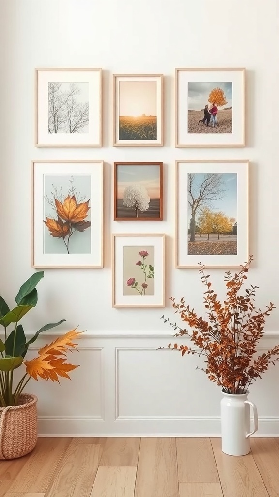 A collection of neutral wall art featuring autumn-themed prints in light wood frames, accompanied by potted plants and decorative branches.