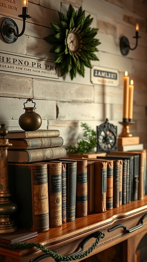 A mantel decorated with New Year resolutions displayed on white cards, surrounded by greenery and decorative items.