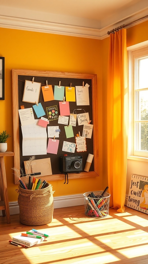 A colorful New Year's resolutions board with various goals written on it, surrounded by markers.