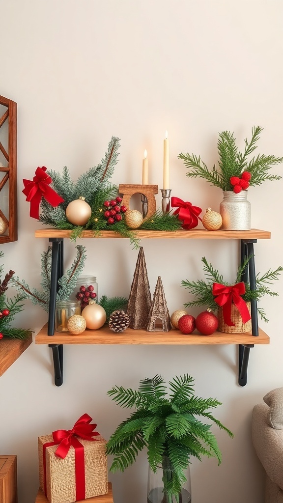 Decorated niche shelf with Christmas ornaments, candles, and greenery.