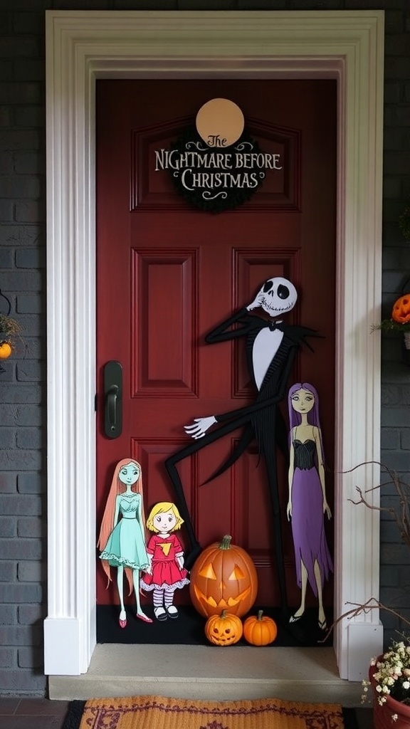 A door decorated with a Nightmare Before Christmas theme featuring Jack Skellington and Sally, surrounded by pumpkins.