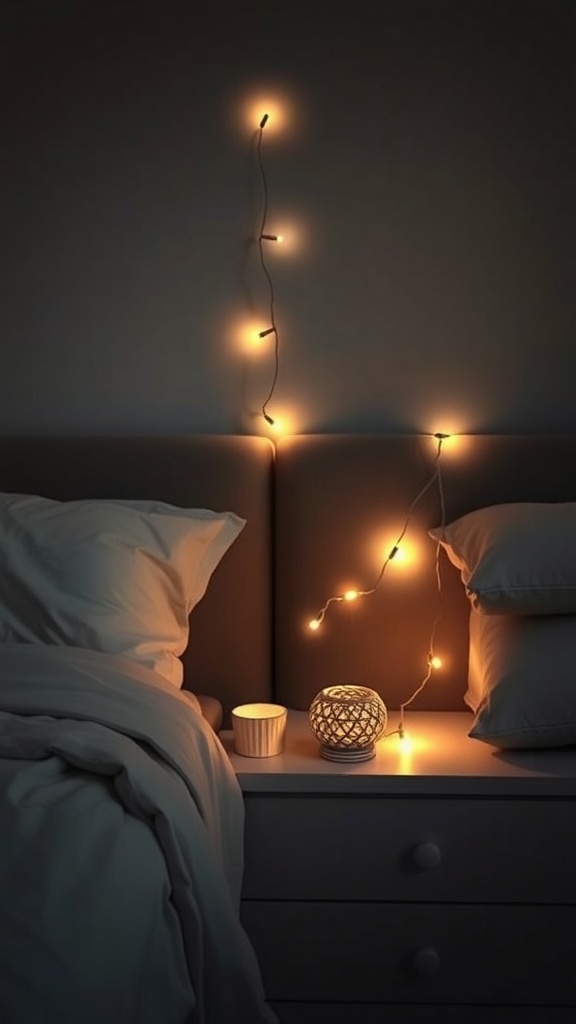 A nightstand with string lights, a candle, and a decorative item, creating a warm glow in a bedroom.