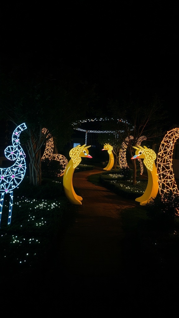 A nighttime garden with colorful light decorations, featuring bright yellow figures and glowing pathways.