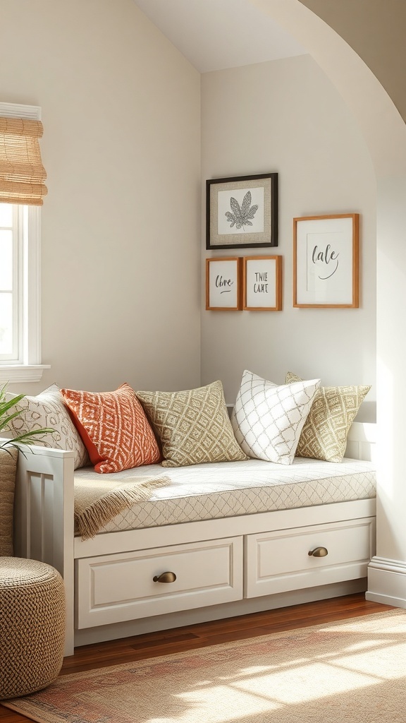 Cozy bedroom nook featuring a daybed with storage and decorative pillows.