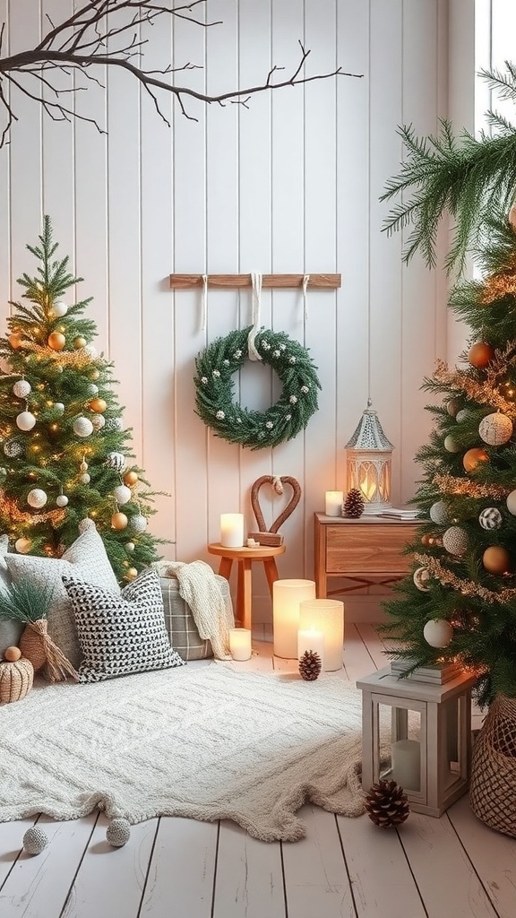 A cozy Christmas room decorated with two trees, candles, and a wreath, showcasing Nordic-inspired decor.
