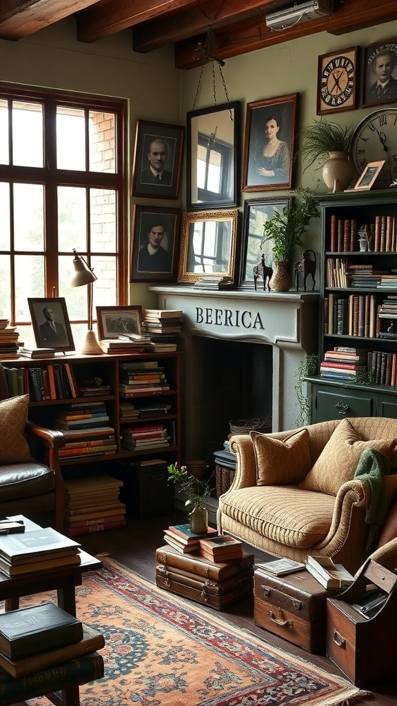 Cozy cottage style living room with vintage books, framed photos, and unique curios.