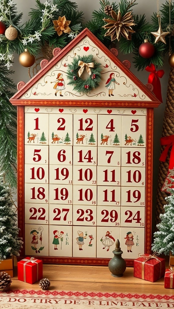 A vintage-style advent calendar with festive decorations and numbered doors.