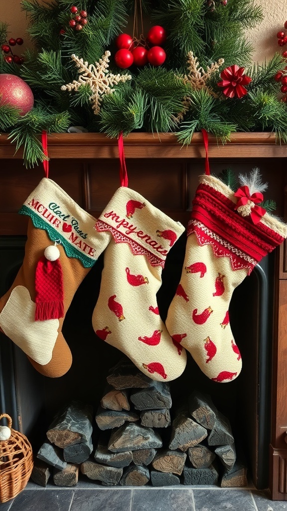 Three festive Christmas stockings hanging by a fireplace, decorated with holiday motifs.