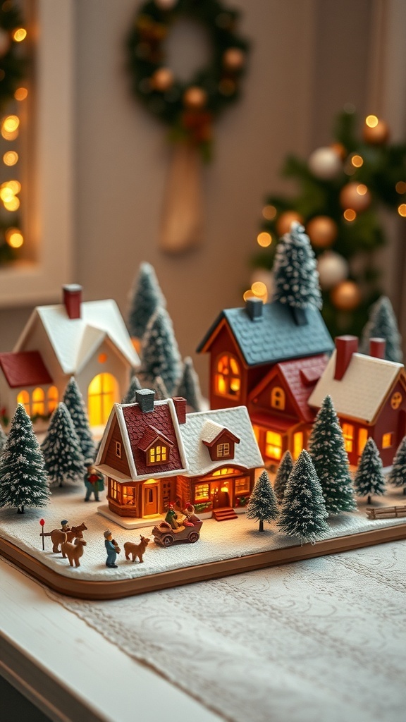 A charming Christmas village display with miniature houses, trees, and figures, evoking nostalgia.