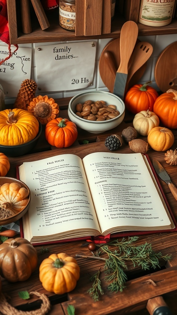 A cozy kitchen scene with pumpkins, nuts, and an open recipe book, capturing the essence of fall cooking.