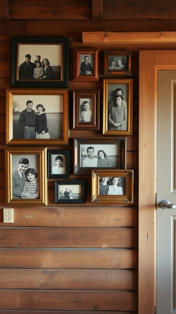 A collection of vintage family photographs in various frames on a wooden wall.
