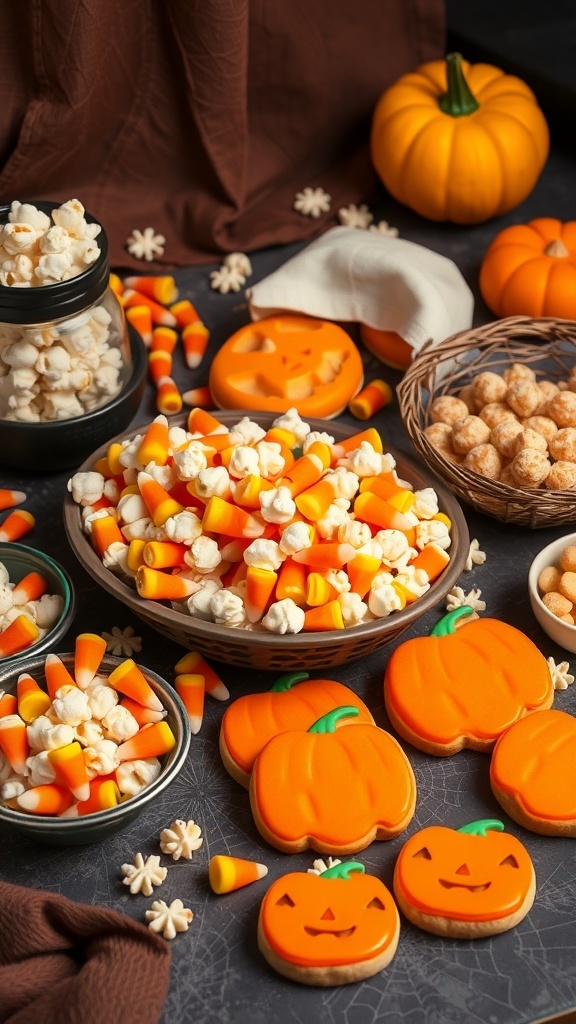 A colorful spread of Halloween snacks including popcorn, candy corn, and pumpkin-shaped cookies.
