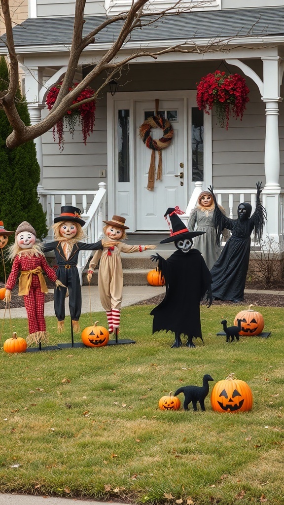 A vintage Halloween yard display featuring scarecrow figures, pumpkins, and spooky decorations.