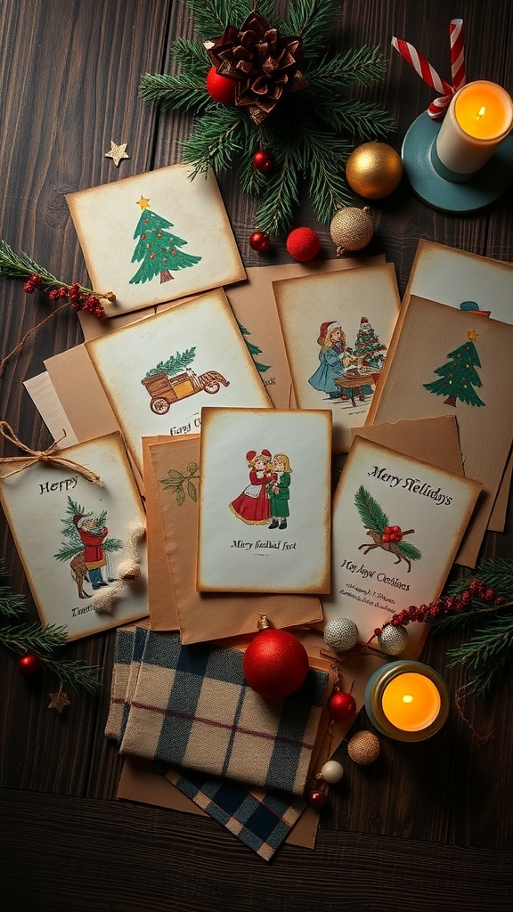 A collection of vintage-inspired Christmas cards displayed on a wooden table with festive decorations.