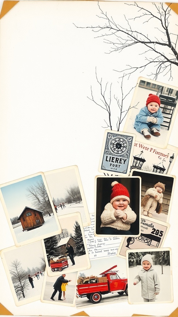 A collage of vintage winter photos featuring children in cozy outfits, snowy landscapes, and nostalgic scenes.